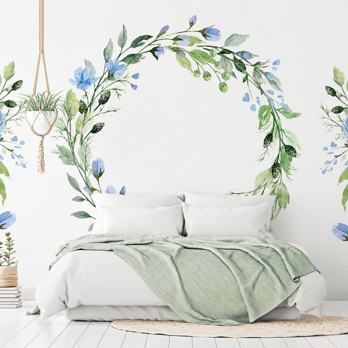 Fotobehang – Romantic wreath – plant motif with blue flowers and leaves - Afbeelding 2