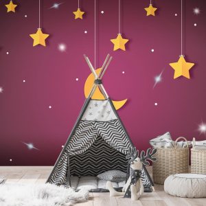 Fotobehang – Skyline – violet night sky landscape with stars for children