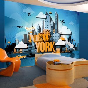 Fotobehang – Street Art – Yellow New York Text with Skyscraper and Car Motif